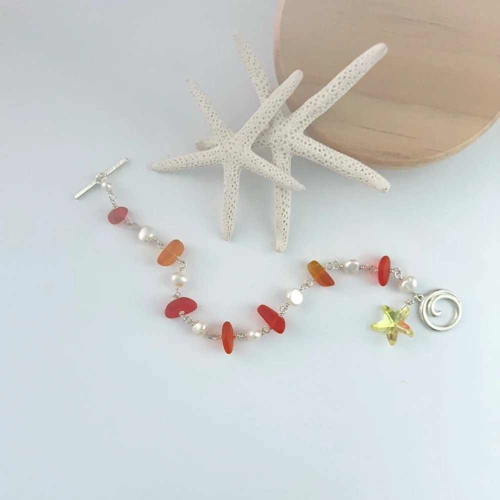 Handcrafted Ocean Inspired Orange Sea Glass FW Pearls Bracelet Wave … - Picture 2 of 2
